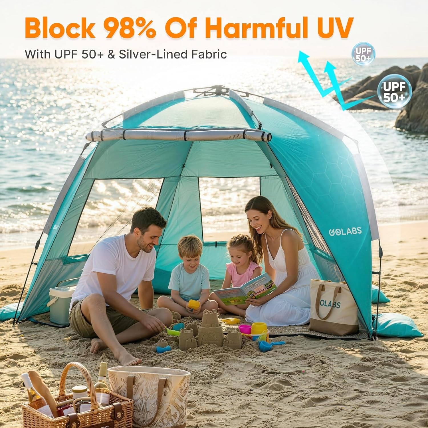 image:imageGolabs BT1 Pop up Beach Tent Sun Shelter for 3Person 1Minute Setup by PreAttached Pole amp UPF 50 Beach Shade with Detachable Floor Mat Mesh for Clear View amp Airflow only 7 lbs amp Pocket and HookGREEN