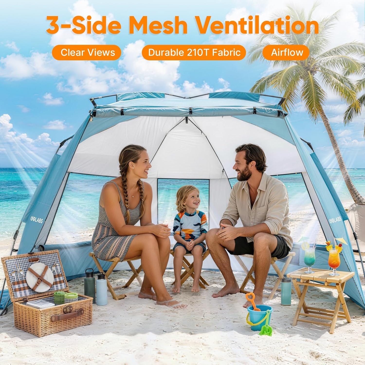 image:imageGolabs BT1 Pop up Beach Tent Sun Shelter for 3Person 1Minute Setup by PreAttached Pole amp UPF 50 Beach Shade with Detachable Floor Mat Mesh for Clear View amp Airflow only 7 lbs amp Pocket and HookBLUE