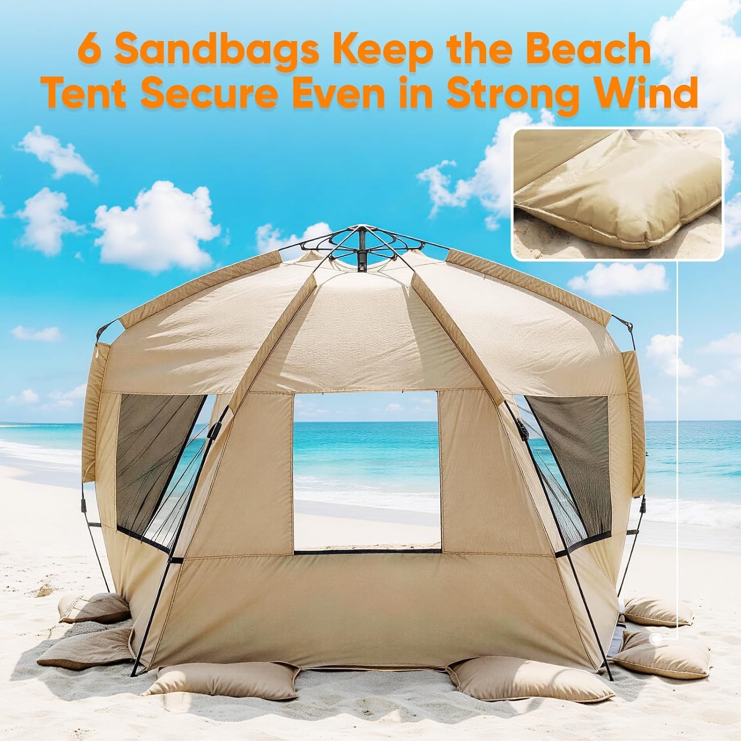image:imageGolabs BT1 Pop up Beach Tent Sun Shelter for 3Person 1Minute Setup by PreAttached Pole amp UPF 50 Beach Shade with Detachable Floor Mat Mesh for Clear View amp Airflow only 7 lbs amp Pocket and HookCAMEL