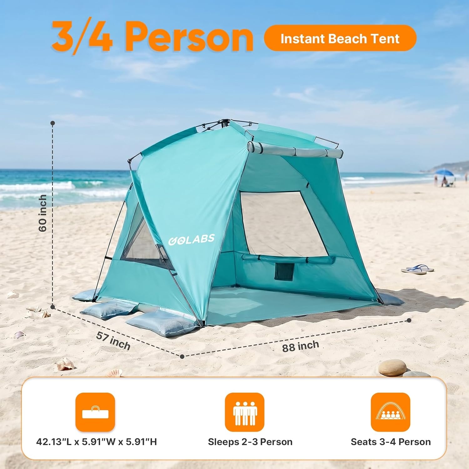 image:imageGolabs BT1 Pop up Beach Tent Sun Shelter for 3Person 1Minute Setup by PreAttached Pole amp UPF 50 Beach Shade with Detachable Floor Mat Mesh for Clear View amp Airflow only 7 lbs amp Pocket and HookGREEN