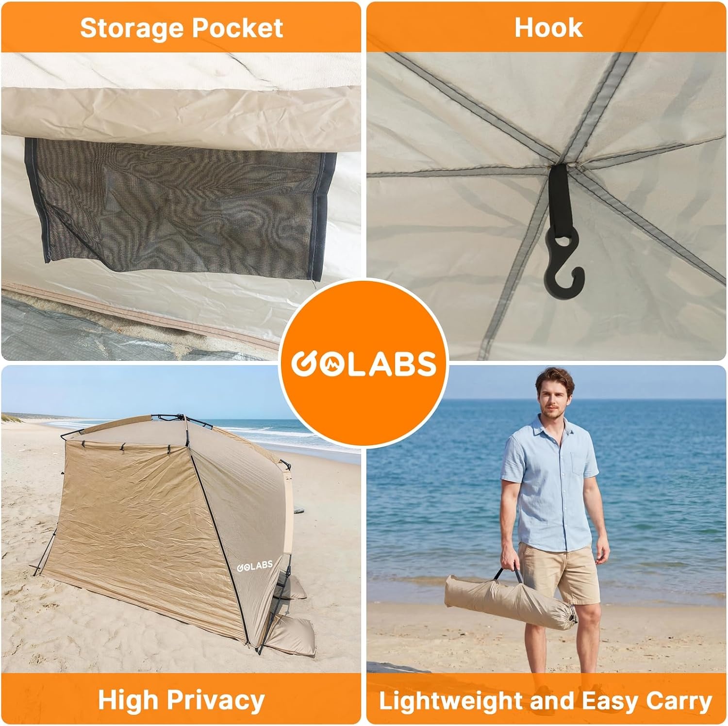 image:imageGolabs BT1 Pop up Beach Tent Sun Shelter for 3Person 1Minute Setup by PreAttached Pole amp UPF 50 Beach Shade with Detachable Floor Mat Mesh for Clear View amp Airflow only 7 lbs amp Pocket and HookCAMEL