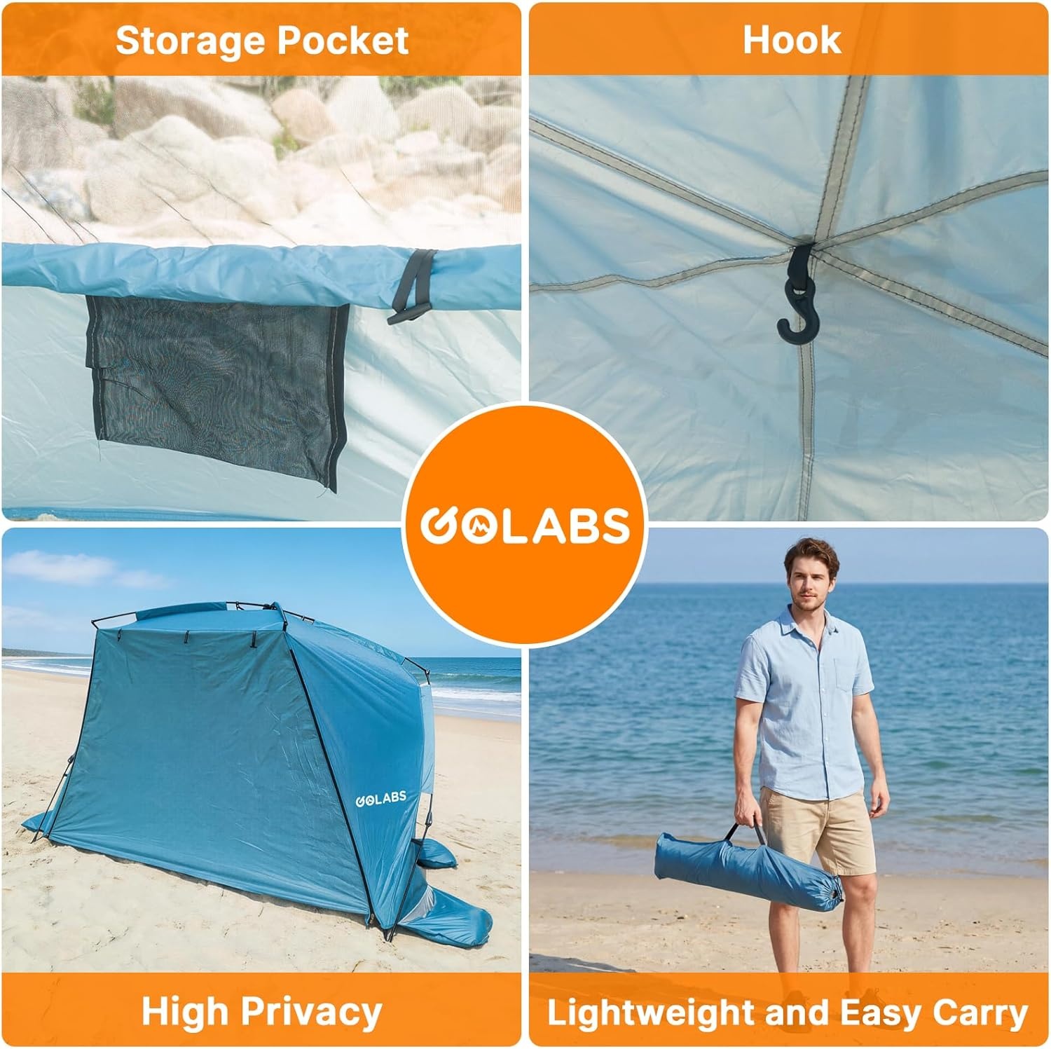 image:imageGolabs BT1 Pop up Beach Tent Sun Shelter for 3Person 1Minute Setup by PreAttached Pole amp UPF 50 Beach Shade with Detachable Floor Mat Mesh for Clear View amp Airflow only 7 lbs amp Pocket and HookBLUE