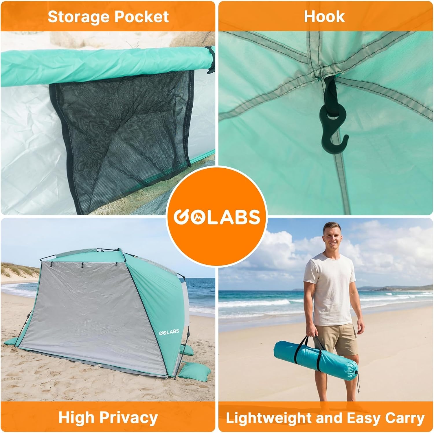 image:imageGolabs BT1 Pop up Beach Tent Sun Shelter for 3Person 1Minute Setup by PreAttached Pole amp UPF 50 Beach Shade with Detachable Floor Mat Mesh for Clear View amp Airflow only 7 lbs amp Pocket and HookGREEN