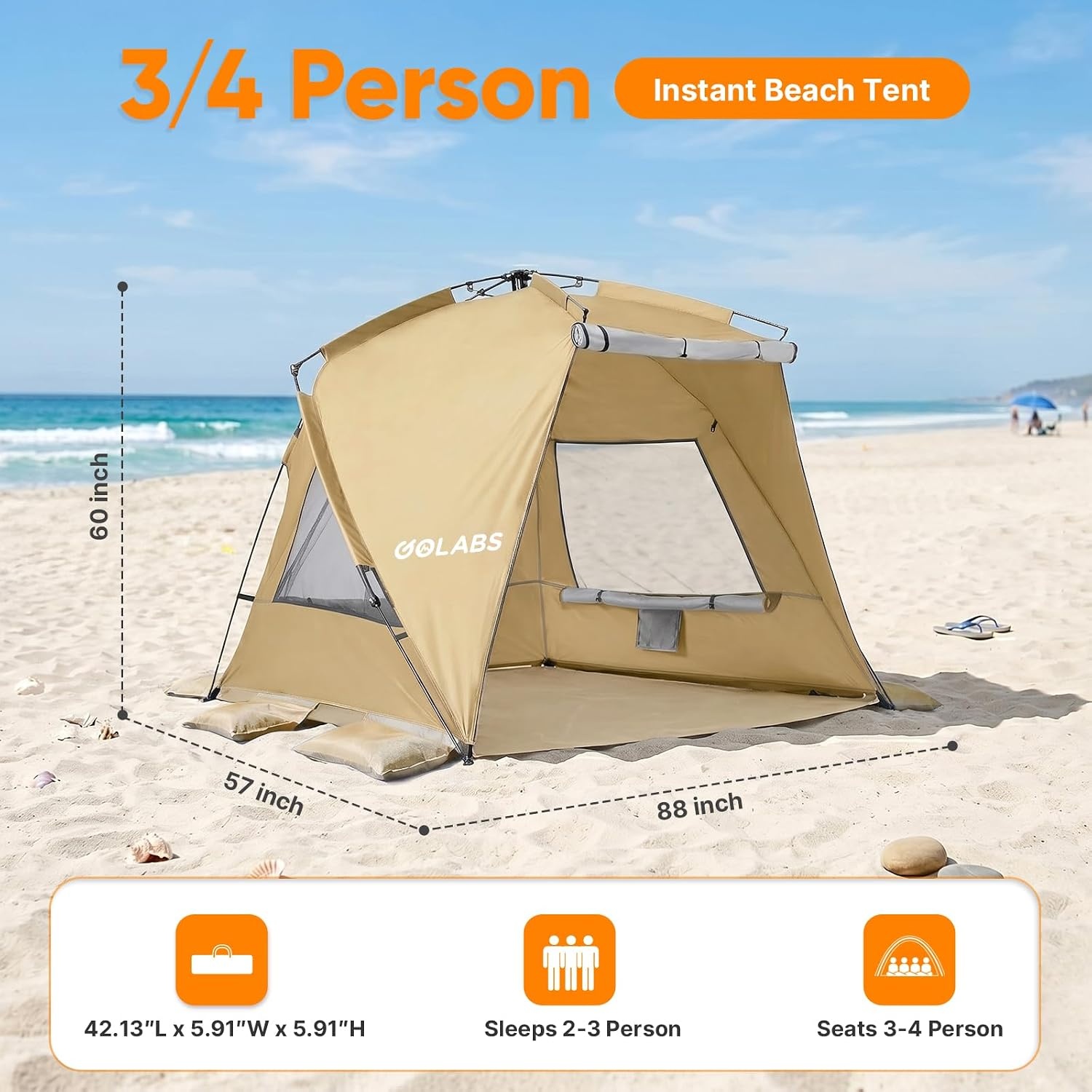 image:imageGolabs BT1 Pop up Beach Tent Sun Shelter for 3Person 1Minute Setup by PreAttached Pole amp UPF 50 Beach Shade with Detachable Floor Mat Mesh for Clear View amp Airflow only 7 lbs amp Pocket and HookCAMEL