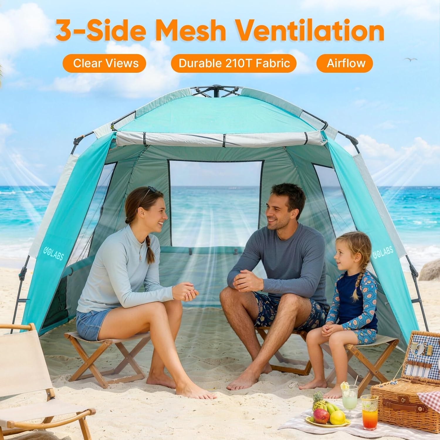 image:imageGolabs BT1 Pop up Beach Tent Sun Shelter for 3Person 1Minute Setup by PreAttached Pole amp UPF 50 Beach Shade with Detachable Floor Mat Mesh for Clear View amp Airflow only 7 lbs amp Pocket and HookGREEN