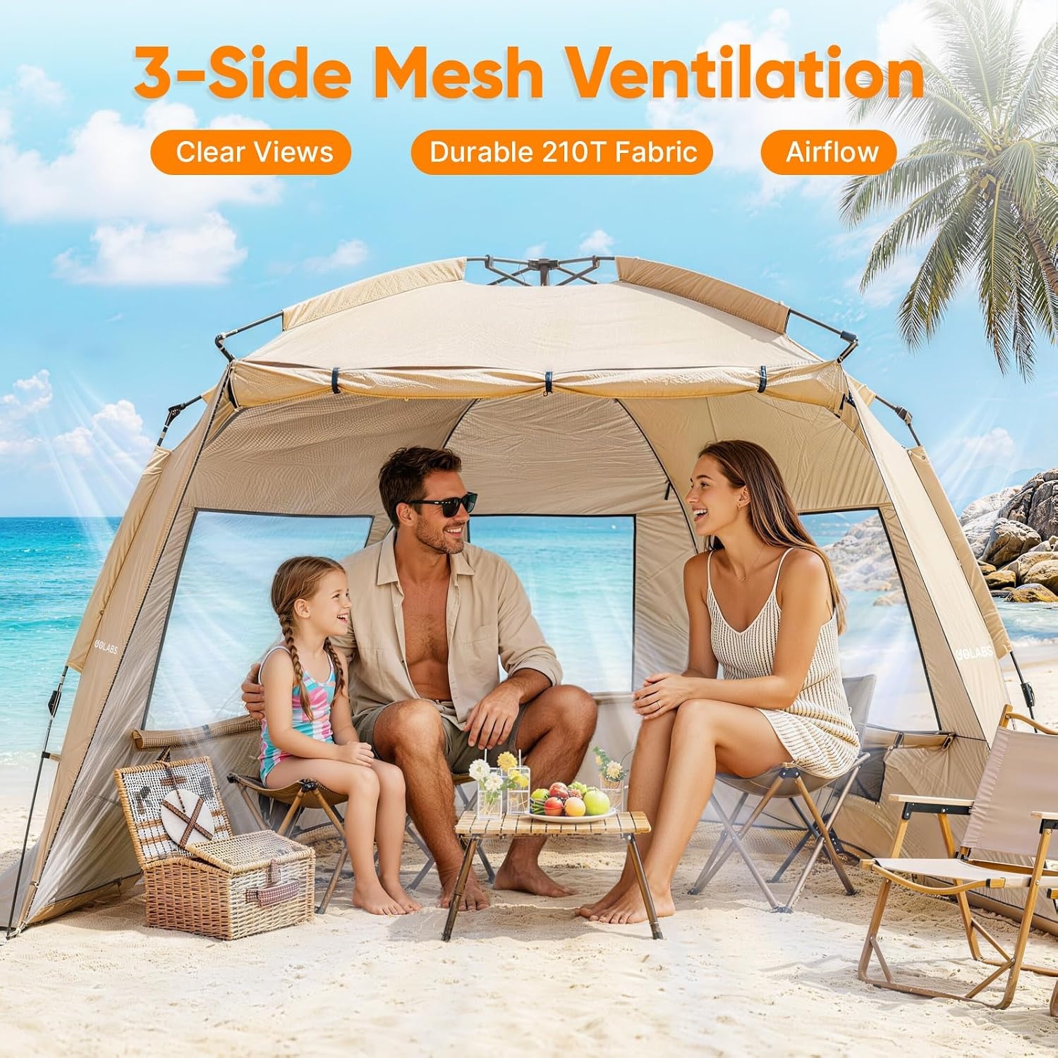image:imageGolabs BT1 Pop up Beach Tent Sun Shelter for 3Person 1Minute Setup by PreAttached Pole amp UPF 50 Beach Shade with Detachable Floor Mat Mesh for Clear View amp Airflow only 7 lbs amp Pocket and HookCAMEL