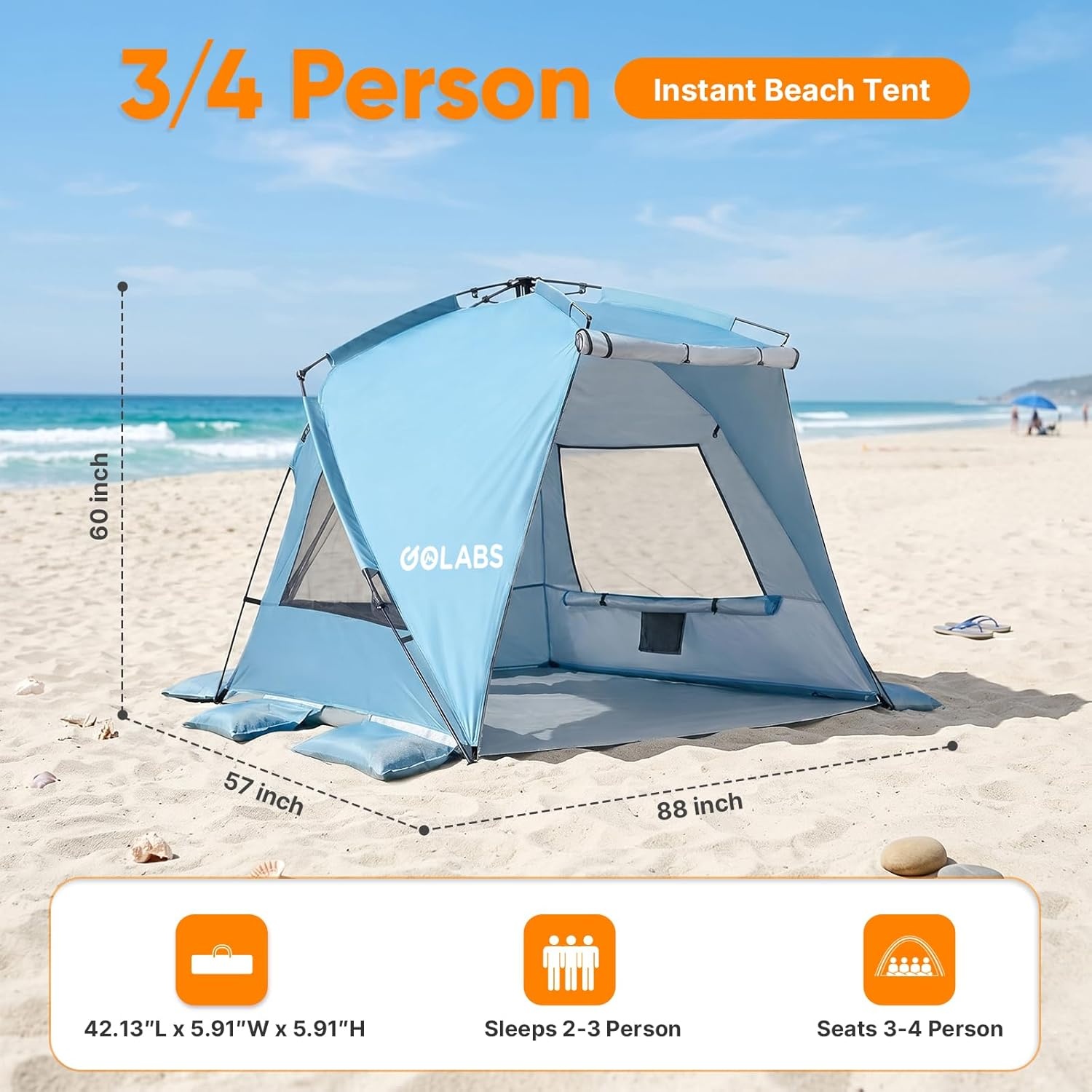 image:imageGolabs BT1 Pop up Beach Tent Sun Shelter for 3Person 1Minute Setup by PreAttached Pole amp UPF 50 Beach Shade with Detachable Floor Mat Mesh for Clear View amp Airflow only 7 lbs amp Pocket and HookBLUE