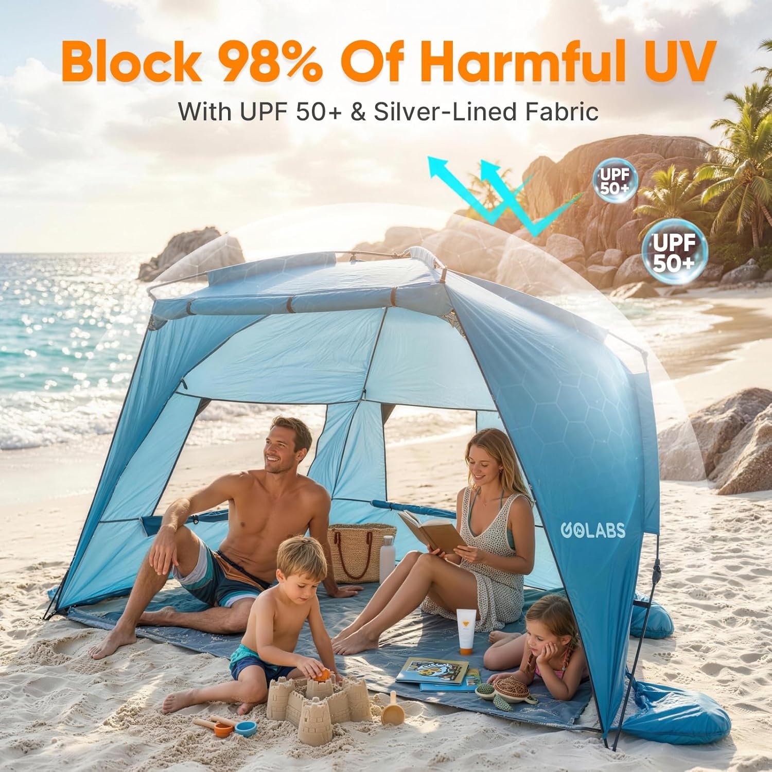 image:imageGolabs BT1 Pop up Beach Tent Sun Shelter for 3Person 1Minute Setup by PreAttached Pole amp UPF 50 Beach Shade with Detachable Floor Mat Mesh for Clear View amp Airflow only 7 lbs amp Pocket and HookBLUE