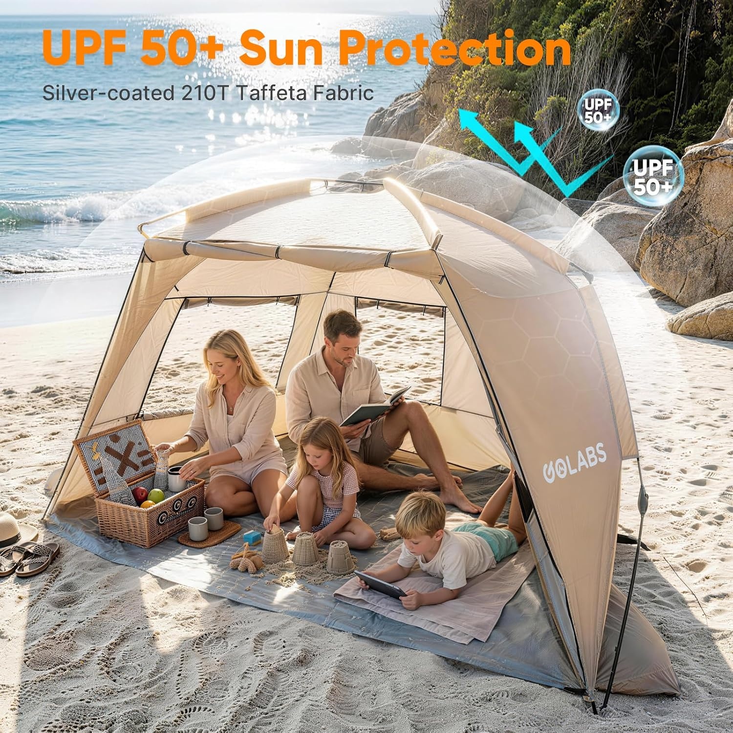 image:imageGolabs BT1 Pop up Beach Tent Sun Shelter for 3Person 1Minute Setup by PreAttached Pole amp UPF 50 Beach Shade with Detachable Floor Mat Mesh for Clear View amp Airflow only 7 lbs amp Pocket and HookCAMEL