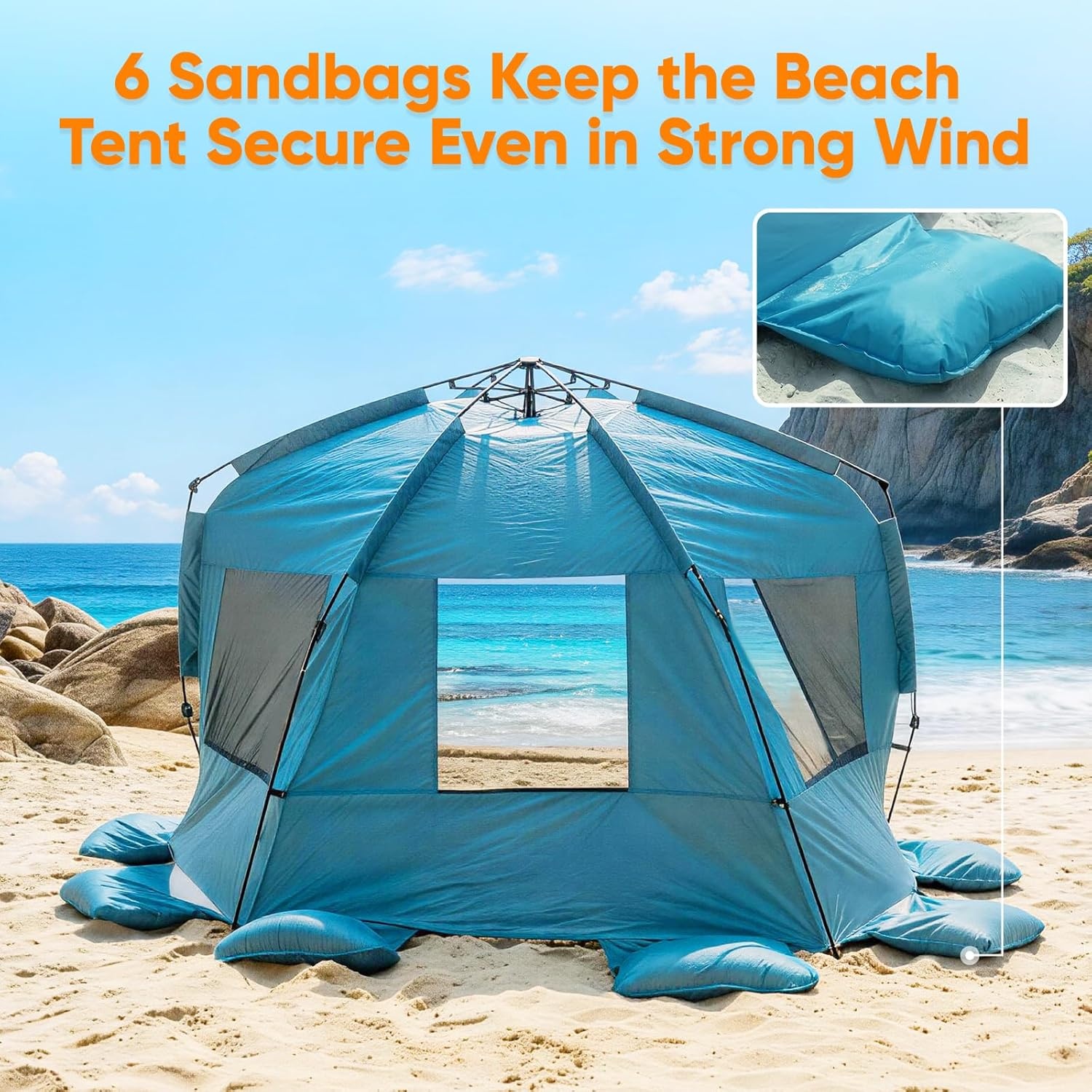 image:imageGolabs BT1 Pop up Beach Tent Sun Shelter for 3Person 1Minute Setup by PreAttached Pole amp UPF 50 Beach Shade with Detachable Floor Mat Mesh for Clear View amp Airflow only 7 lbs amp Pocket and HookBLUE