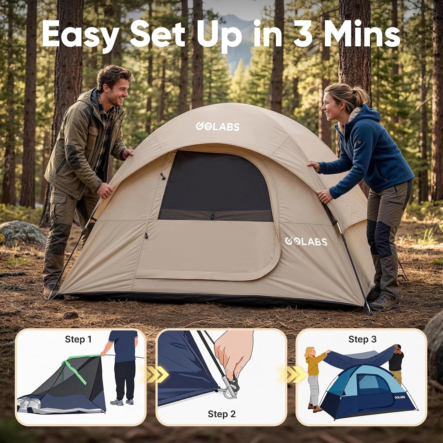 image:imageGolabs CT1 2 Person Camping Tent Easy Set Up in 3 Mins PU800mm Waterproof wMesh Top amp Door with Ventilation Lightweight 44lbs Portable Family Tent with Carry Bag ampInterior Storage Pockets ampHookCamel