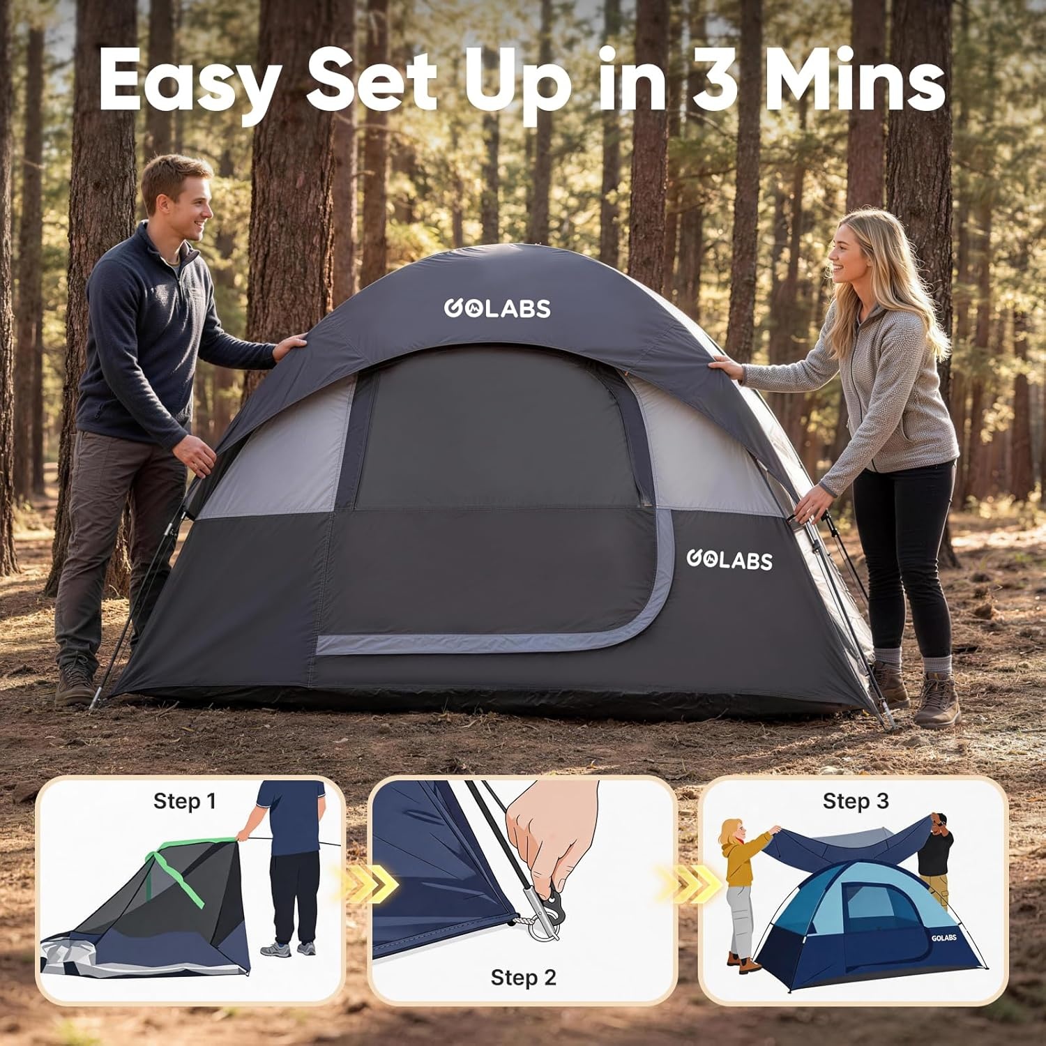 image:imageGolabs CT1 2 Person Camping Tent Easy Set Up in 3 Mins PU800mm Waterproof wMesh Top amp Door with Ventilation Lightweight 44lbs Portable Family Tent with Carry Bag ampInterior Storage Pockets ampHookGray