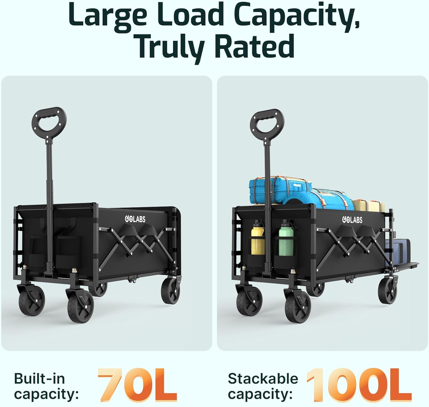 image:imageGolabs Collapsible Wagon Cart Max 350lb Load amp Expandable Storage 100L Double Bearing Design for Flexible Steering Foldable Heavy Duty Garden Cart with 2 Cup Holders for Groceries Garden amp CampingCamel