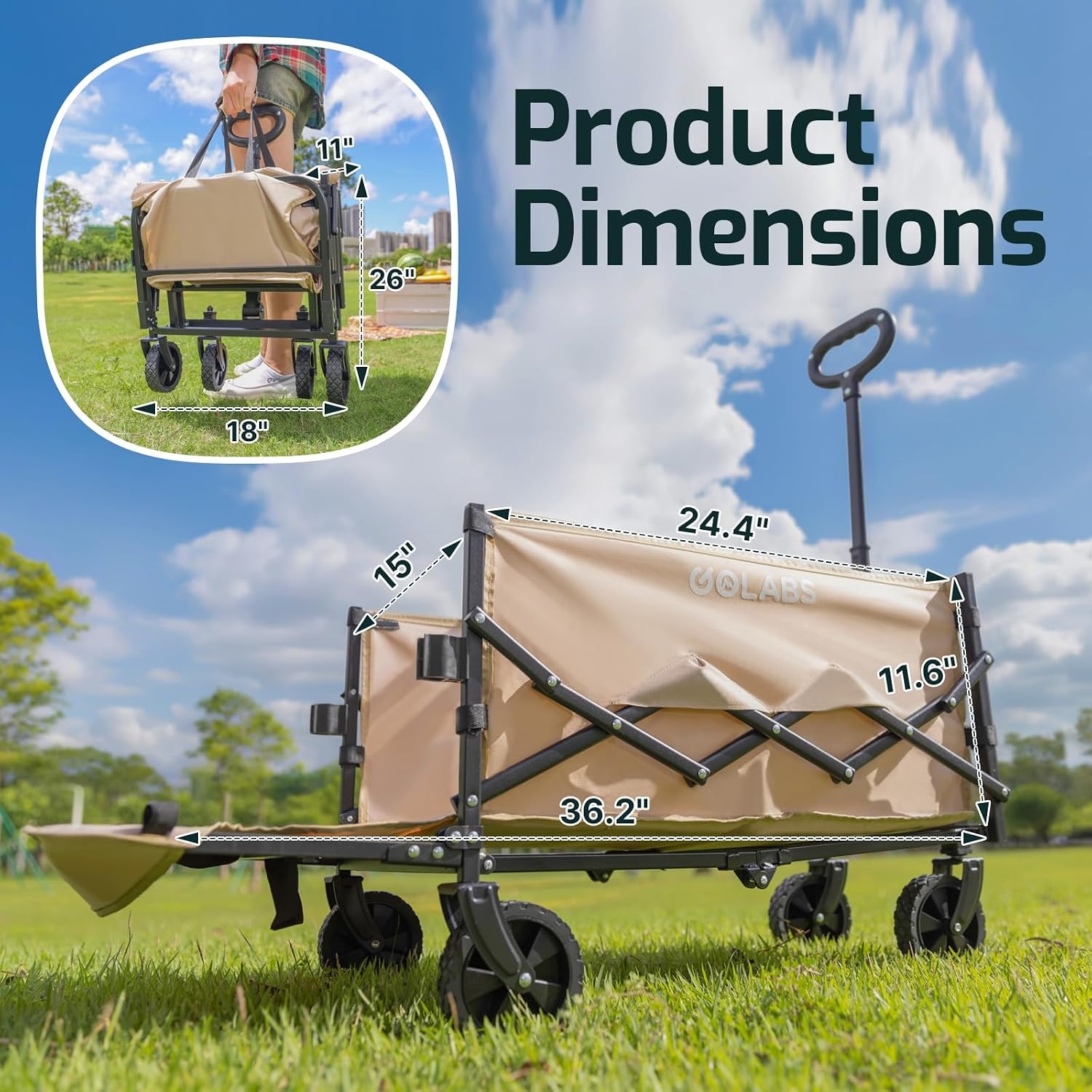 image:imageGolabs Collapsible Wagon Cart Max 350lb Load amp Expandable Storage 100L Double Bearing Design for Flexible Steering Foldable Heavy Duty Garden Cart with 2 Cup Holders for Groceries Garden amp CampingCamel