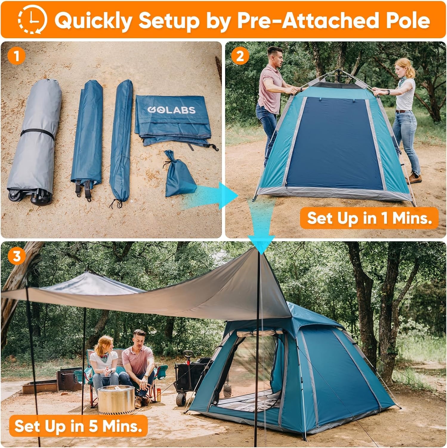 image:imageGolabs Pop Up Camping Tent for 234 Person 1Min Setup by PreAttached Pole 4 Side Meshamp Door for ViewAirflow CT2 Instant Canopy Tent with PU1500mm Waterproof for OutdoorCampingMusic FestivalsBlue