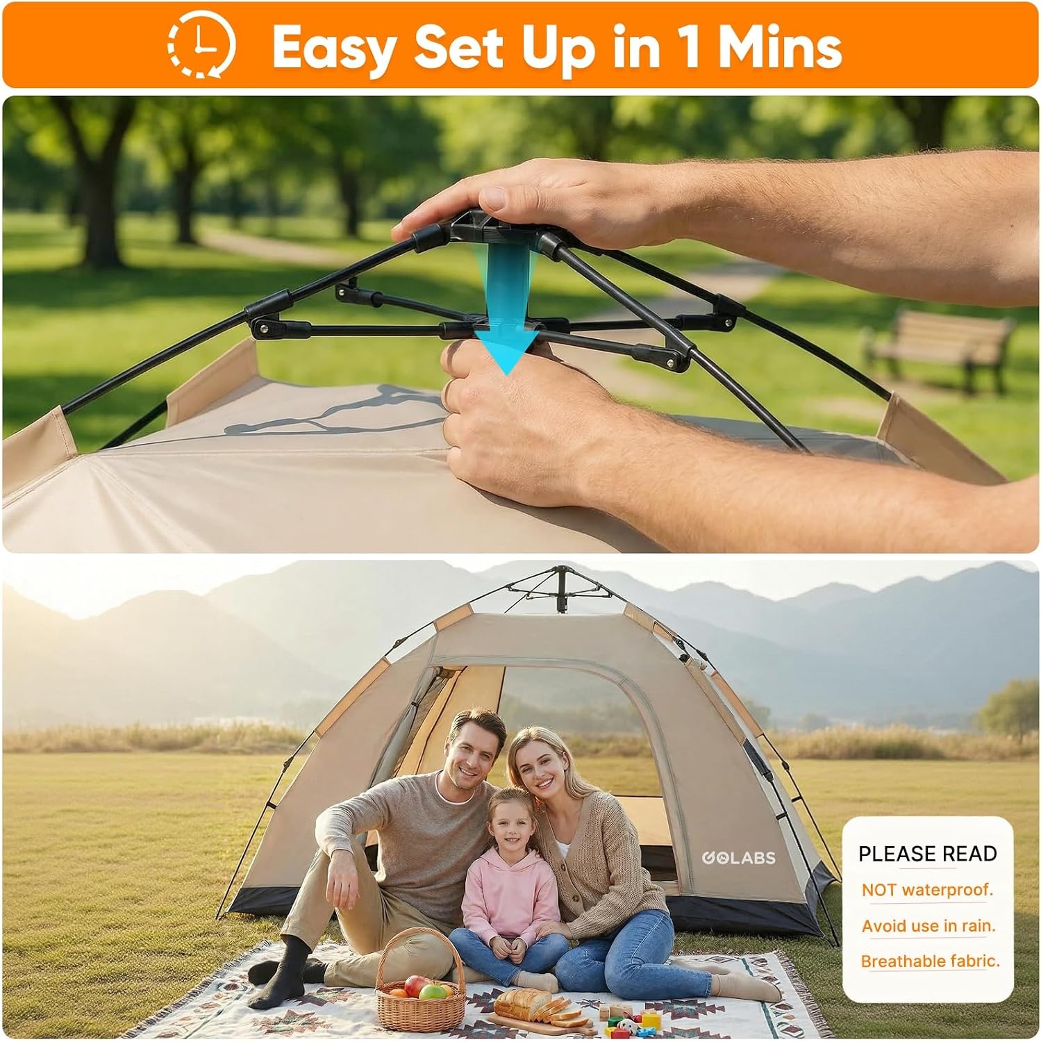 image:imageGolabs Pop Up Camping Tent for 234 Person 1Min Setup by PreAttached Pole 4 Side Meshamp Door for ViewAirflow CT2 Instant Canopy Tent with PU1500mm Waterproof for OutdoorCampingMusic FestivalsGRAY