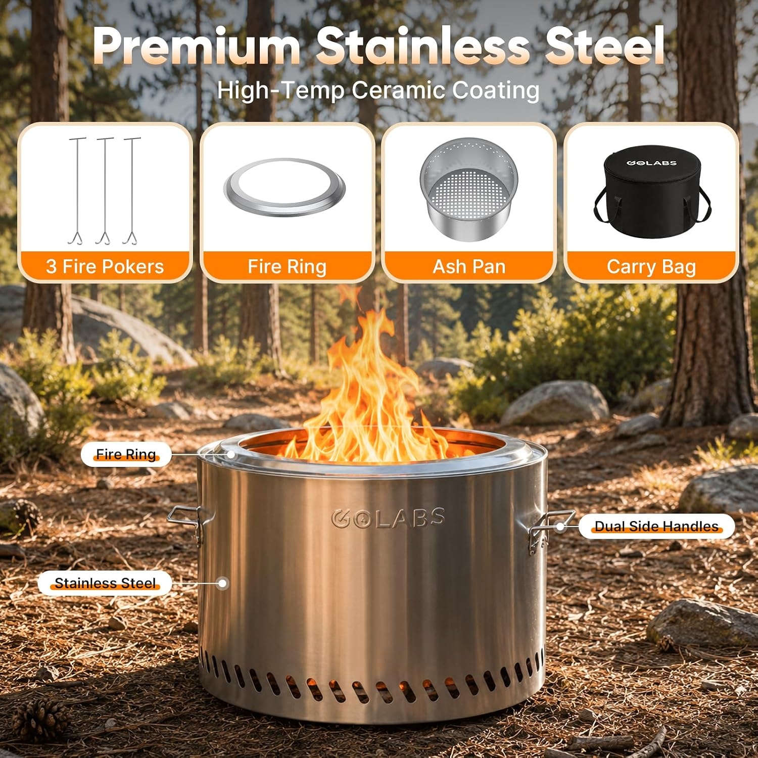 image:imageGolabs Smokeless Portable Fire Pit 195 Stainless Steel for WoodCharcoalPellet Fuel Portable with Sturdy Handles amp Fire Cover Suitable for 26 People Perfect for Backyard Picnics amp Camping