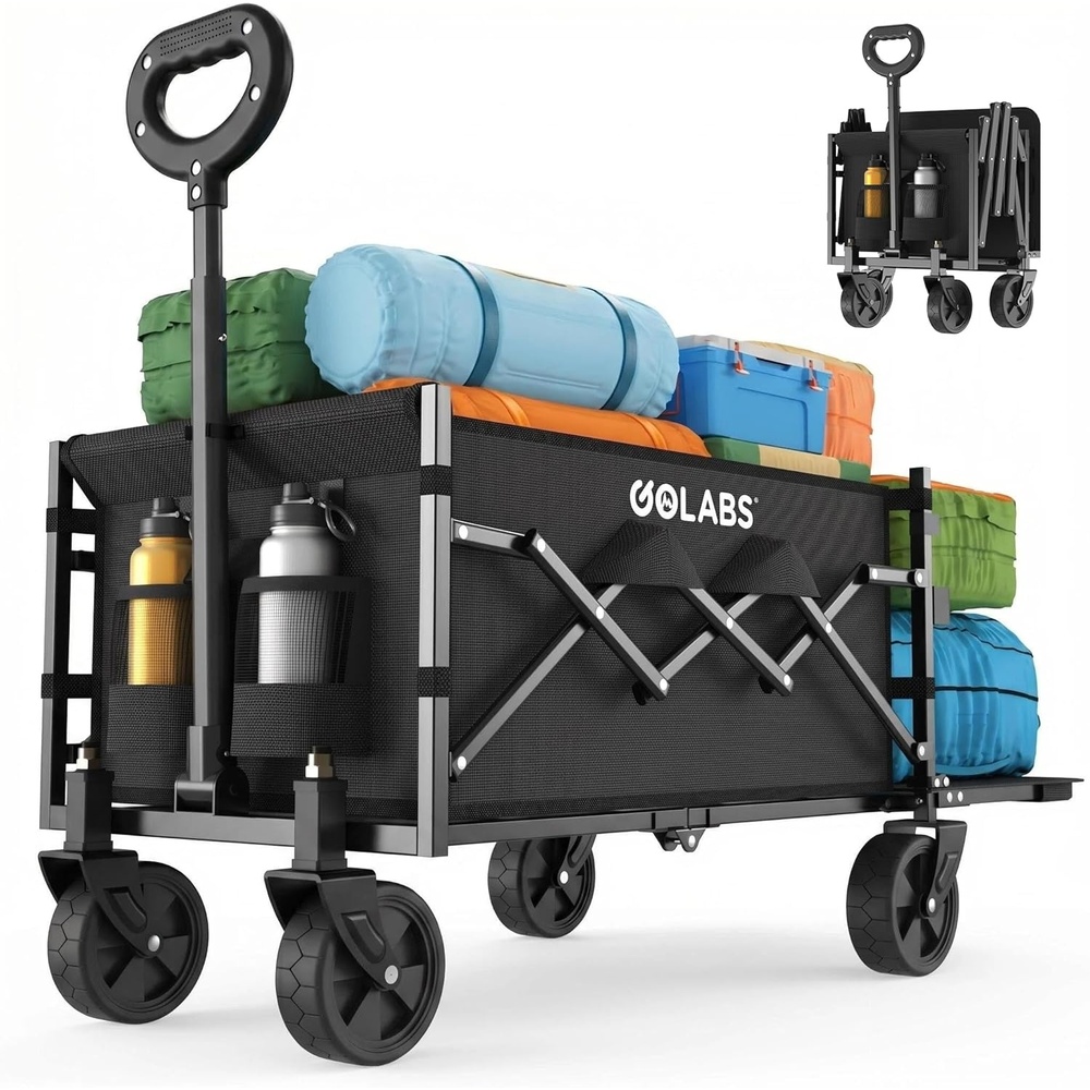 image:imageGolabs Collapsible Wagon Cart Max 350lb Load amp Expandable Storage 100L Double Bearing Design for Flexible Steering Foldable Heavy Duty Garden Cart with 2 Cup Holders for Groceries Garden amp CampingBlack