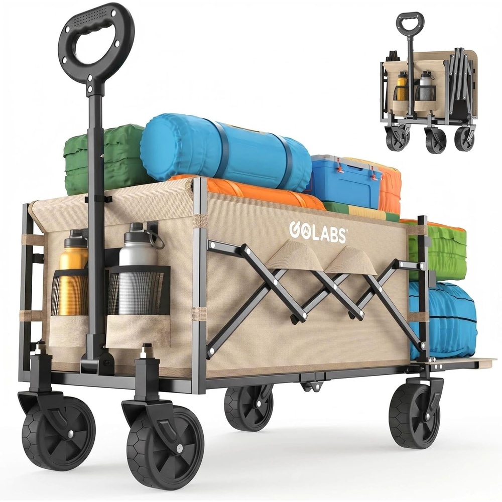 image:imageGolabs Collapsible Wagon Cart Max 350lb Load amp Expandable Storage 100L Double Bearing Design for Flexible Steering Foldable Heavy Duty Garden Cart with 2 Cup Holders for Groceries Garden amp CampingCamel